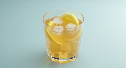 A glass filled with a yellow drink ice cubes and lemon slices on a light blue surface in a studio shot
