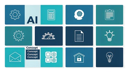 Obraz premium Various ai and technology icons displayed on a grid with blue and teal background color blocks