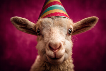 Fototapeta premium Close-up of lamb wearing striped party hat against crimson background, showcasing playful and festive mood, perfect for celebratory themes