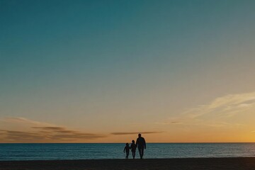 A silhouette of a family walking on the beach at sunset, with a vast sky and ocean in view The silhouettes contrast against the warm hues of dusk Generative AI
