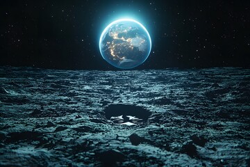 Fototapeta premium Boot print on lunar surface with Earth rising in distance, representing Human Space Flight Day, discovery, and the footprint of mankind in space 