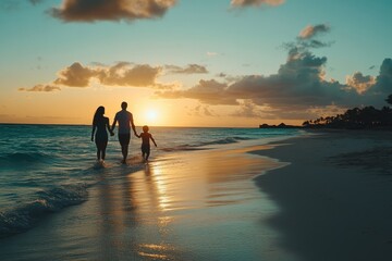 Fototapeta premium silhouette of family walking on the beach at sunset Generative AI