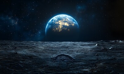 Planet Earth Rising Over Moon Horizon Astronaut Boot Print Human Space Flight Day Exploration Lunar Surface Achievement Symbol Photo,


