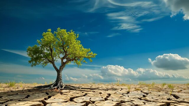 A desolate scene unfolds - dry cracked land, a dead tree echoes global warming, Ai Generated.