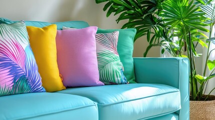 Pastel throw pillows on teal sofa home decor interior design