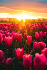A field of vibrant pink tulips at sunset, their petals catching the golden light, with a picturesque background. Capturing nature's tranquil beauty in this spring scene.