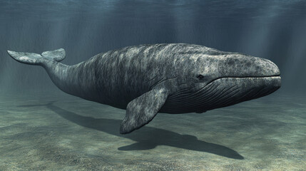Majestic underwater view of a gray baleen whale swimming in the ocean depths