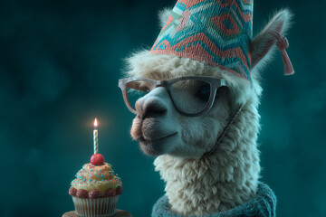 Alpaca wearing glasses and a party hat, beside a cupcake with a lit candle, set against a teal background, showcasing a whimsical birthday celebration