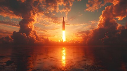 Obraz premium Dramatic space rocket blast off during golden hour, marking human achievement, deep space exploration, and futuristic technology in motion 