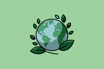 Planet earth icon with green leaves around, world environment day concept