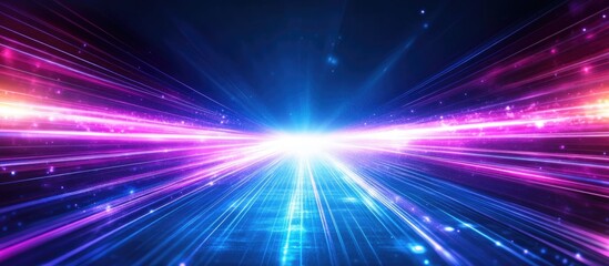 Abstract digital art with vibrant blue and pink light streaks converging towards a central bright point.  Dark background
