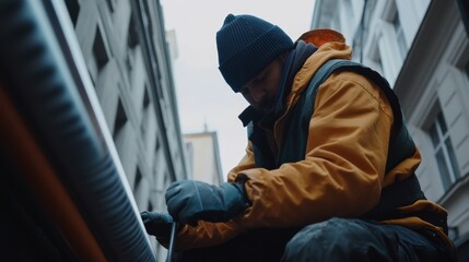 Construction worker installing HVAC ducting for ventilation. Featuring technical skills and precision