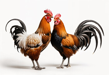 Fototapeta premium Majestic Roosters Displaying Vibrant Feathers on Neutral Background