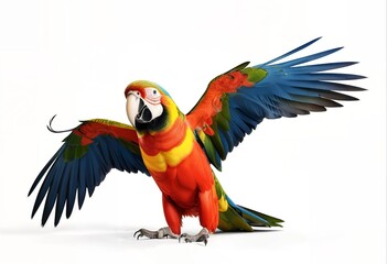 Fototapeta premium Vibrant Macaw Parrot with Open Wings on White Background