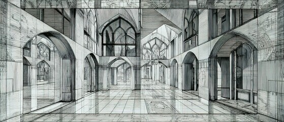Fototapeta premium Perspective drawing of an arched passageway.