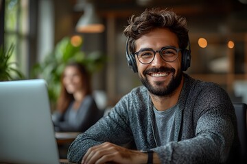 Obraz premium Professional Asian advisor or consultant on laptop in joyful office setting, offering online customer service with positive attitude 