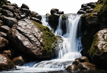 Serene Cascade Waterfall Flowing Over Mossy Rocks in Nature Scene