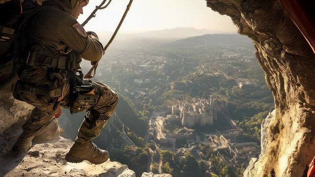 Soldier preparing to rappel from ancient fortress overlooking a picturesque valley at sunset