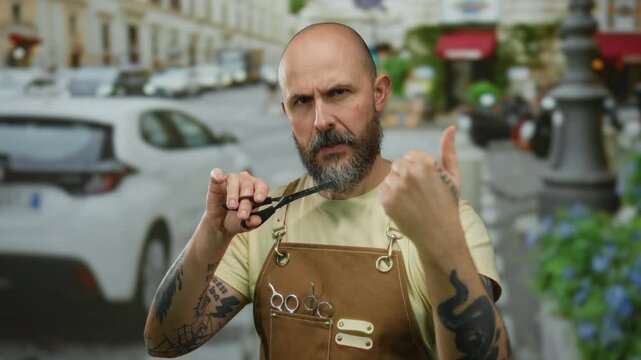 Tattooed barber gestures scissors boldly on bustling urban street