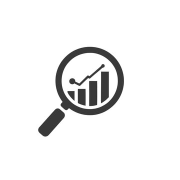 A magnifying glass over a bar chart symbolizes data analysis icon