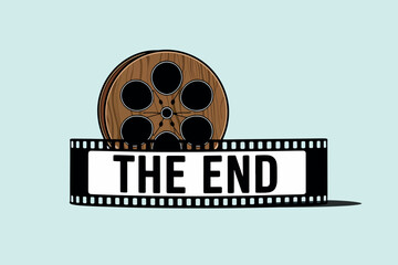 Vector illustration of old cinema film reel with text The End