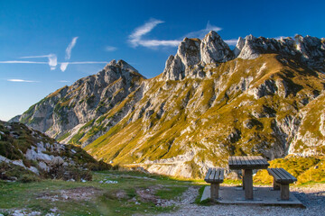 Slovenia, Triglav National Park. Picnic bench with view of Julian Alps.