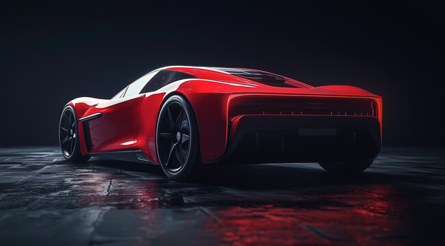Sleek red sports car in dark luxury setting with moody reflections
