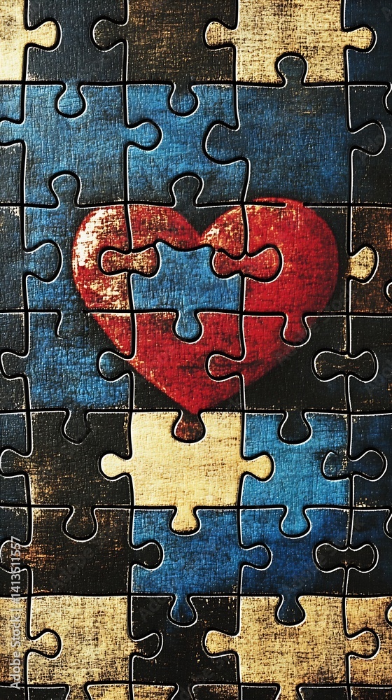 Poster colorful jigsaw puzzle depicting a red heart over a blue and beige textured background : generative 