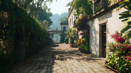 Sunlit Pathway Through Tropical Garden To Colonial Villa