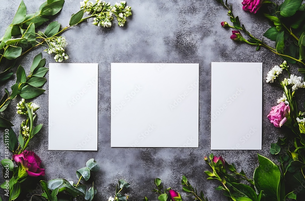 Poster white blank papers surrounded by colorful fresh flowers on a textured background : generative ai