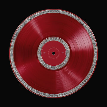 Shiny red vinyl record encircled with sparkling diamonds on black background
