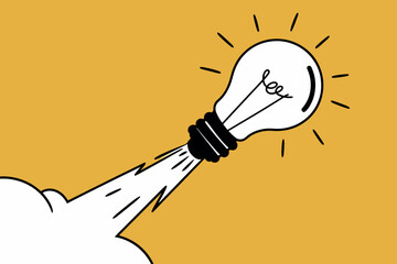 Light bulb taking off like a rocket, idea and startup concept