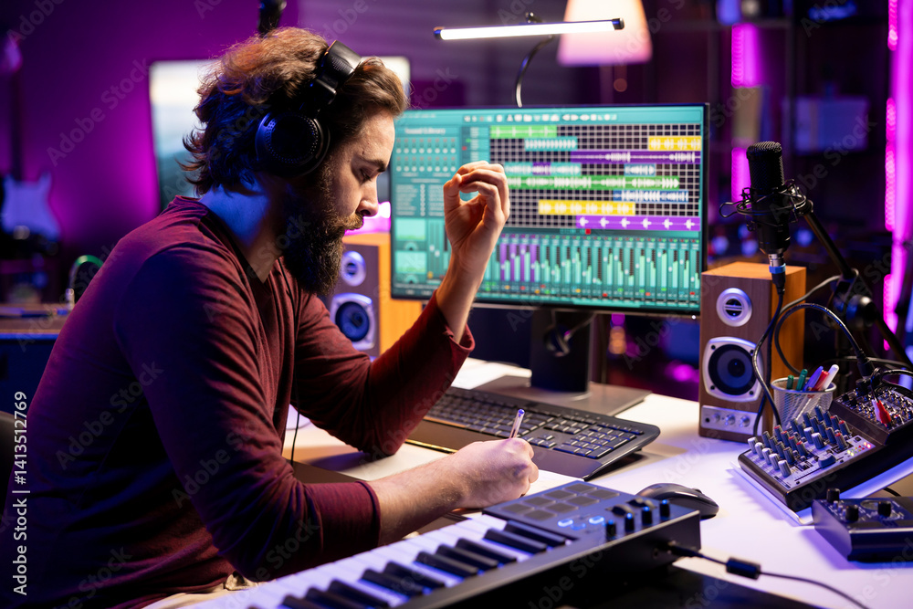 Aufkleber composer songwriter taking notes to create a new song in his home studio, writing down lyrics and mu