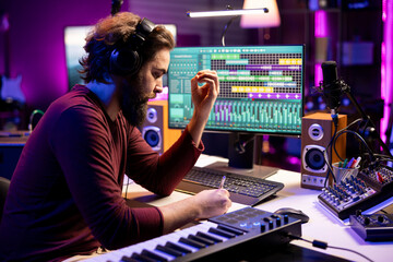 Composer songwriter taking notes to create a new song in his home studio, writing down lyrics and...