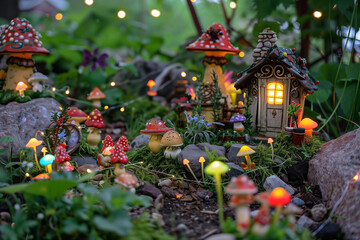 This enchanting image captures a detailed miniature fairy garden with tiny toadstools, a charming house illuminated from within, and delicate fairy lights. The garden's lush greenery adds to the