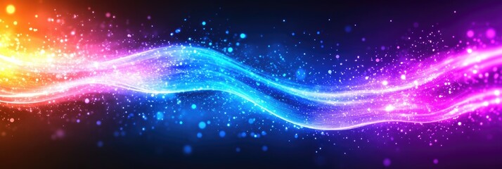 Obraz premium Abstract image of vibrant, multicolored light trails with particles on a dark background. The colors shift from warm orange and yellow to cool blues and purples