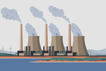 Vector illustration of power station with smoke coming out of chimneys