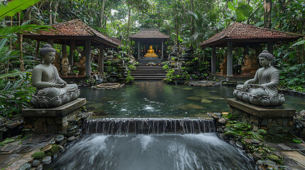 Obraz premium Serene garden sanctuary with Buddha statues around a tranquil pond and traditional Balinese architecture.
