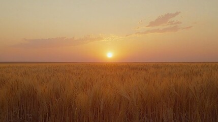 Wheat field under a warm, golden sunset with some clouds in the sky