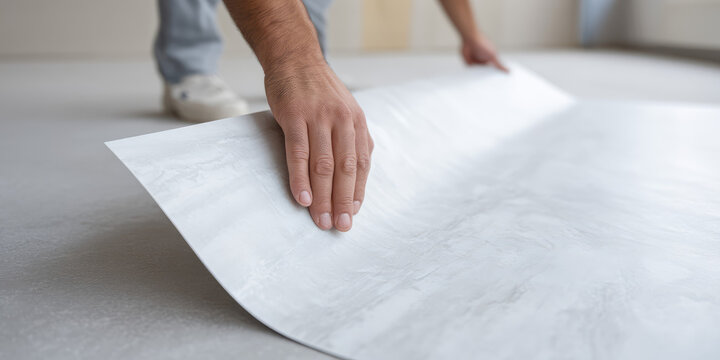 A worker lays sheets of flexible vinyl modern flooring on the floor.