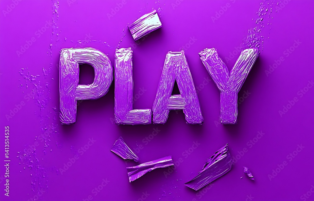 Aufkleber creative crafted lettering of the word play in textured glossy purple with broken pieces on a bright