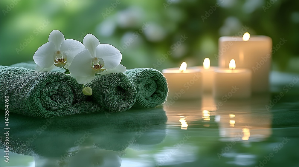 Poster relaxing spa scene with soft towels candles and elegant orchids for therapeutic atmosphere : generat