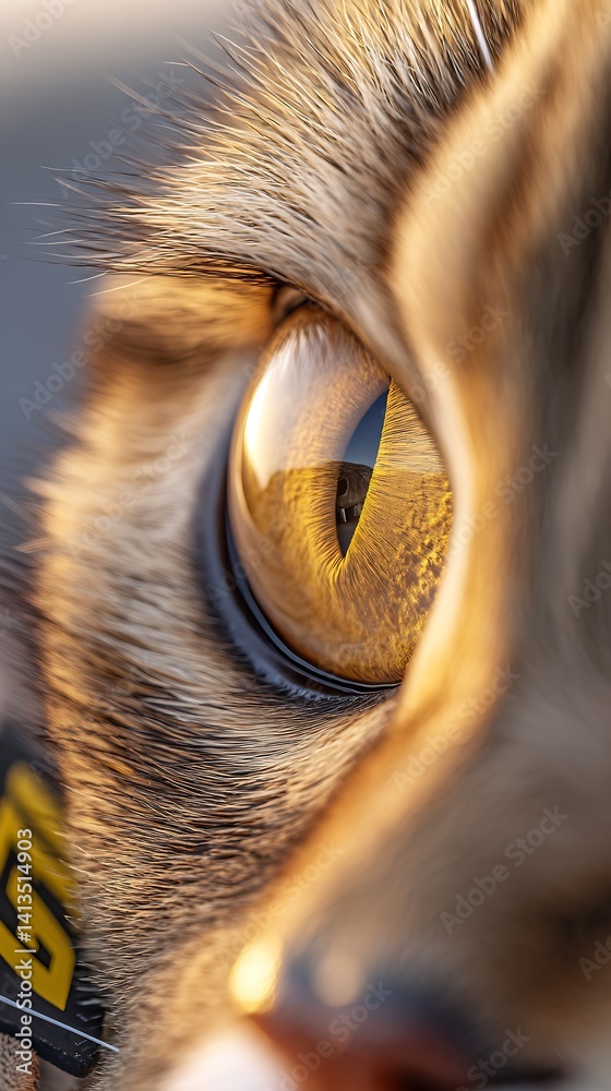 Poster Close-Up of a Cat's Eye Showcasing Stunning Detail and Depth with Golden Hues and Fascinating Reflections : Generative AI