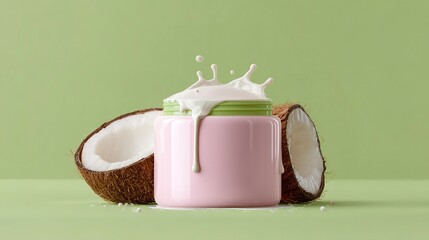 Pink cosmetic product with coconut extract, showcasing a splash.