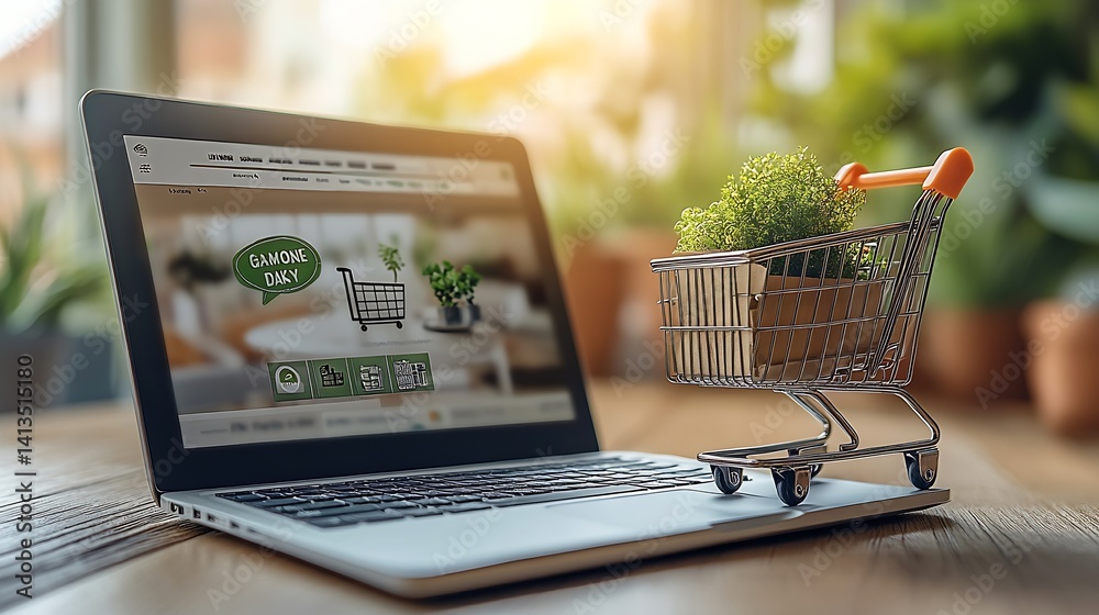 Poster modern laptop displaying an online shopping interface with a shopping cart and green plant indoors :