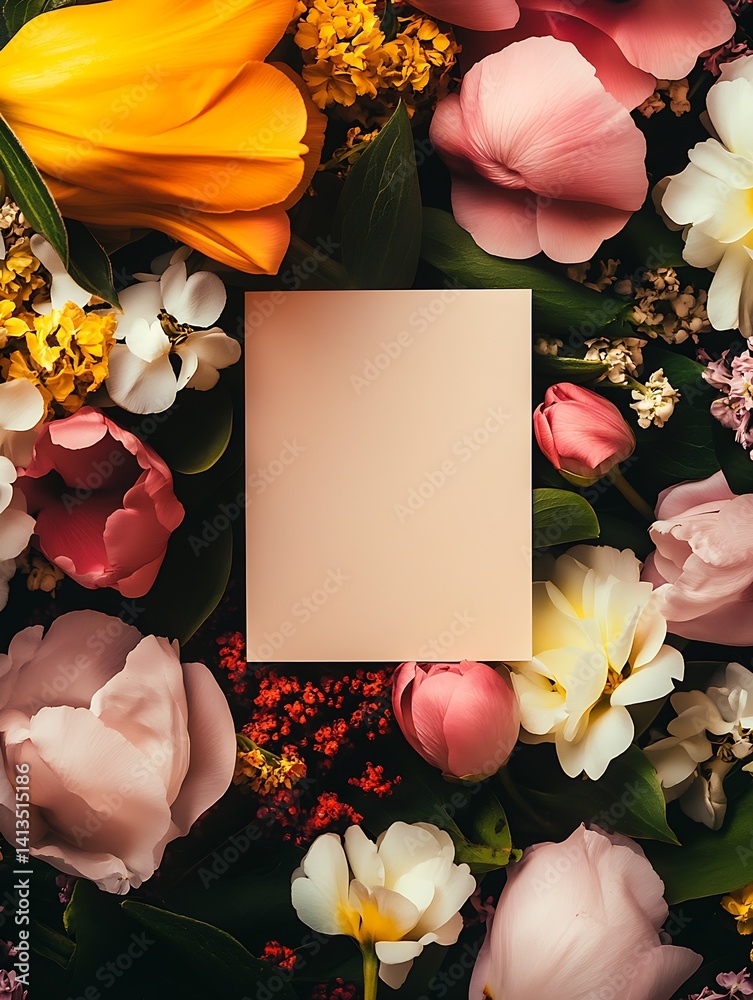 Poster aesthetic arrangement of vibrant flowers surrounding a blank space for text or message : generative 