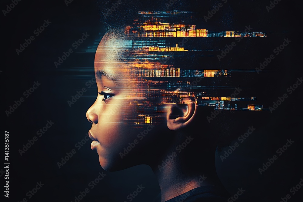 Aufkleber Artistic representation of a child's profile merging with digital effects showcasing a futuristic vision : Generative AI
