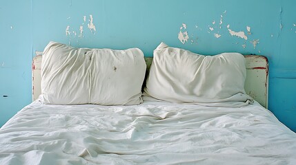 Unmade bed in a room with peeling paint