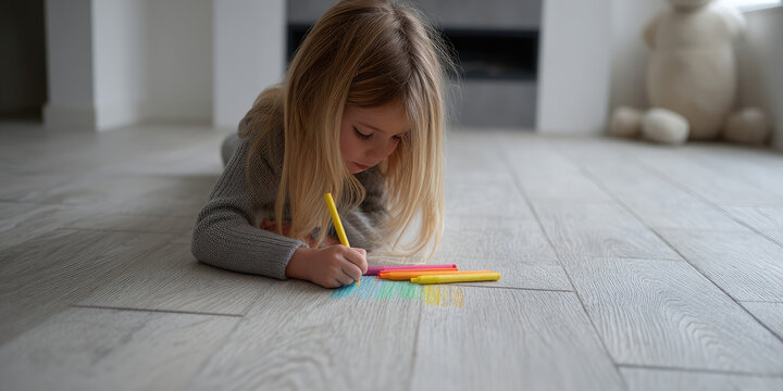 The child draws with pens on the laminate. Wear-resistant floor covering, resistant to dirt