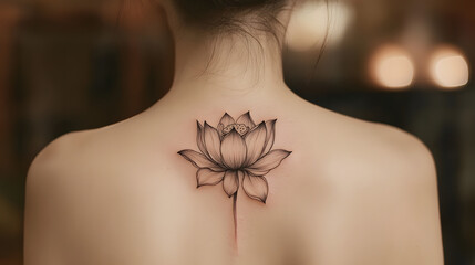 Lotus Tattoo on the Back: A close-up shot reveals an elegant, detailed lotus tattoo gracing the upper back of a woman, emphasizing the art and beauty of body art.